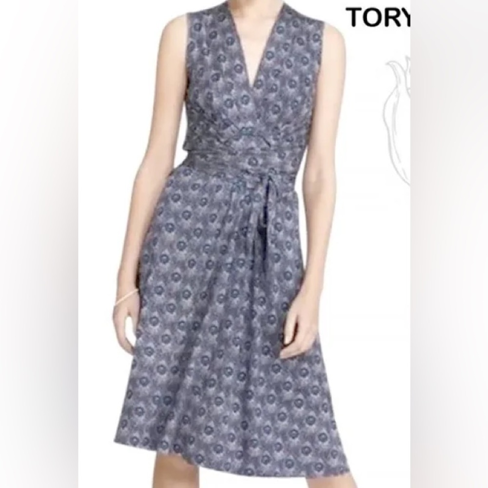 Tory Burch 100% Silk Wrap Dress Peacock Feather Print Sleeveless Purple Blue S - Picture 1 of 13
